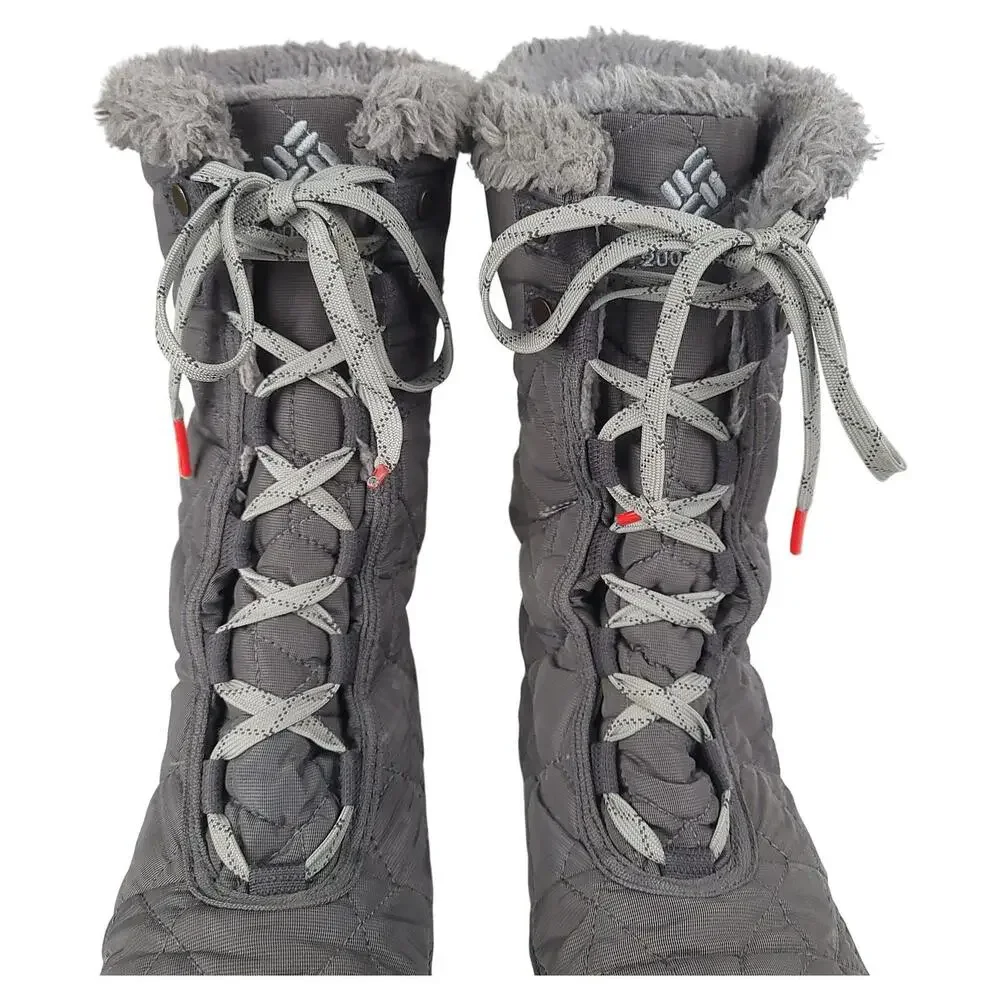 Columbia Minx Mid Boots Women 9 Gray Lace Up Waterproof Faux Fur Lining Winter